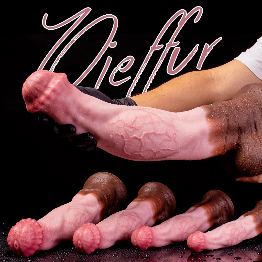 Realistic horse-inspired platinum silicone dildo from Oieffur, featuring a strong bow design and detailed horse features.