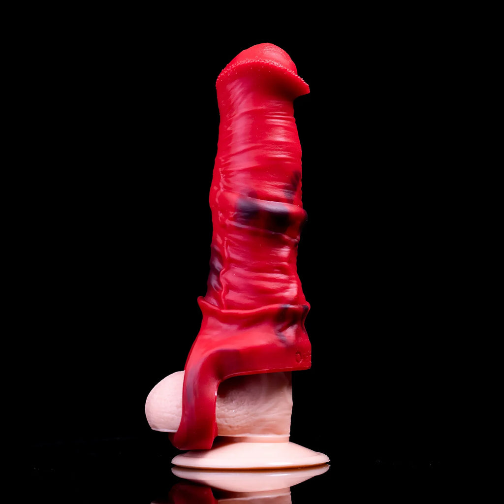Oieffur Horse Sheath red and black penis sleeve with girth and length extension, shown as a flexible, sculpted sheath for enhancement.