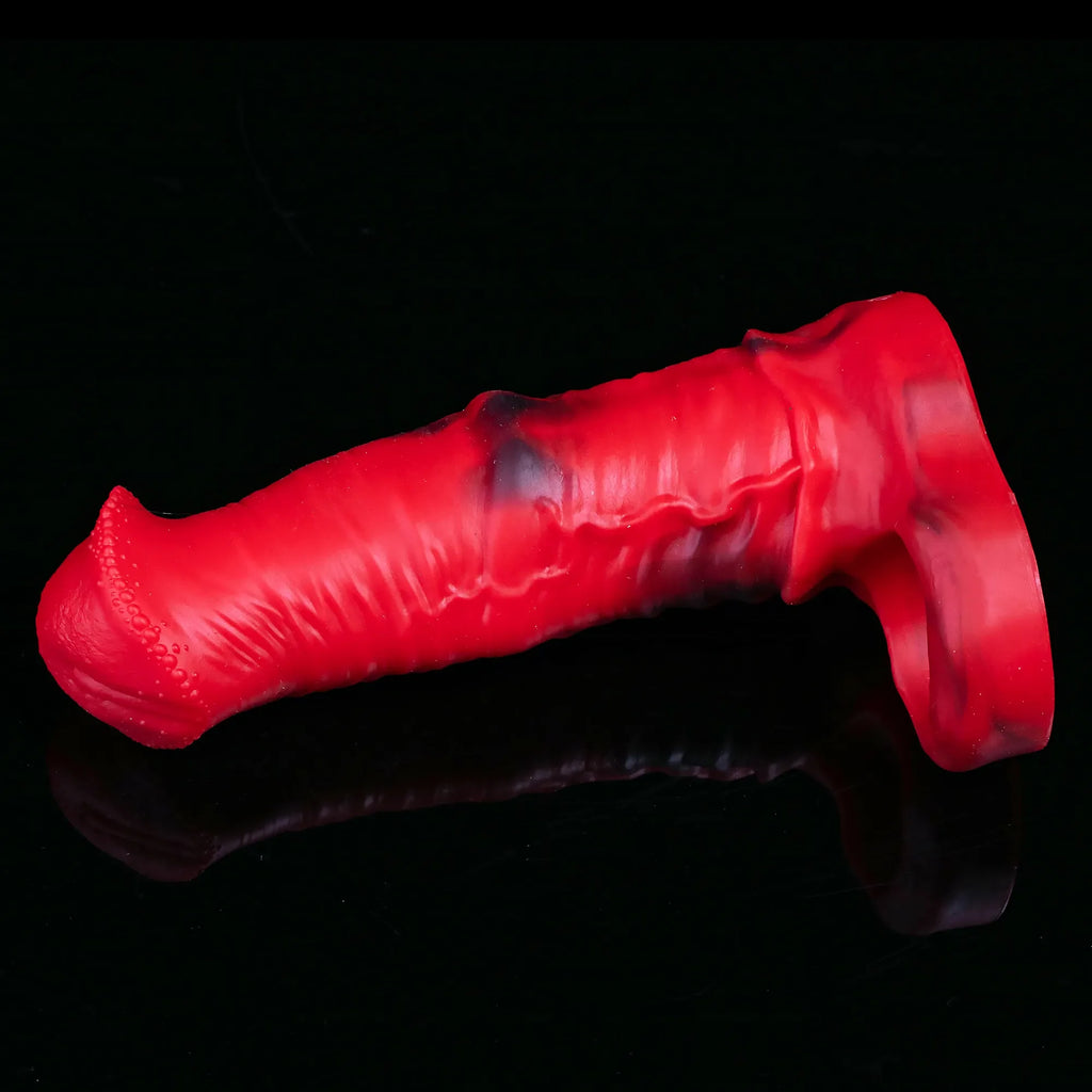 Oieffur Horse Sheath red and black penis sleeve, a girth and length extender with sculpted surface and snug fit for enhanced sensation.