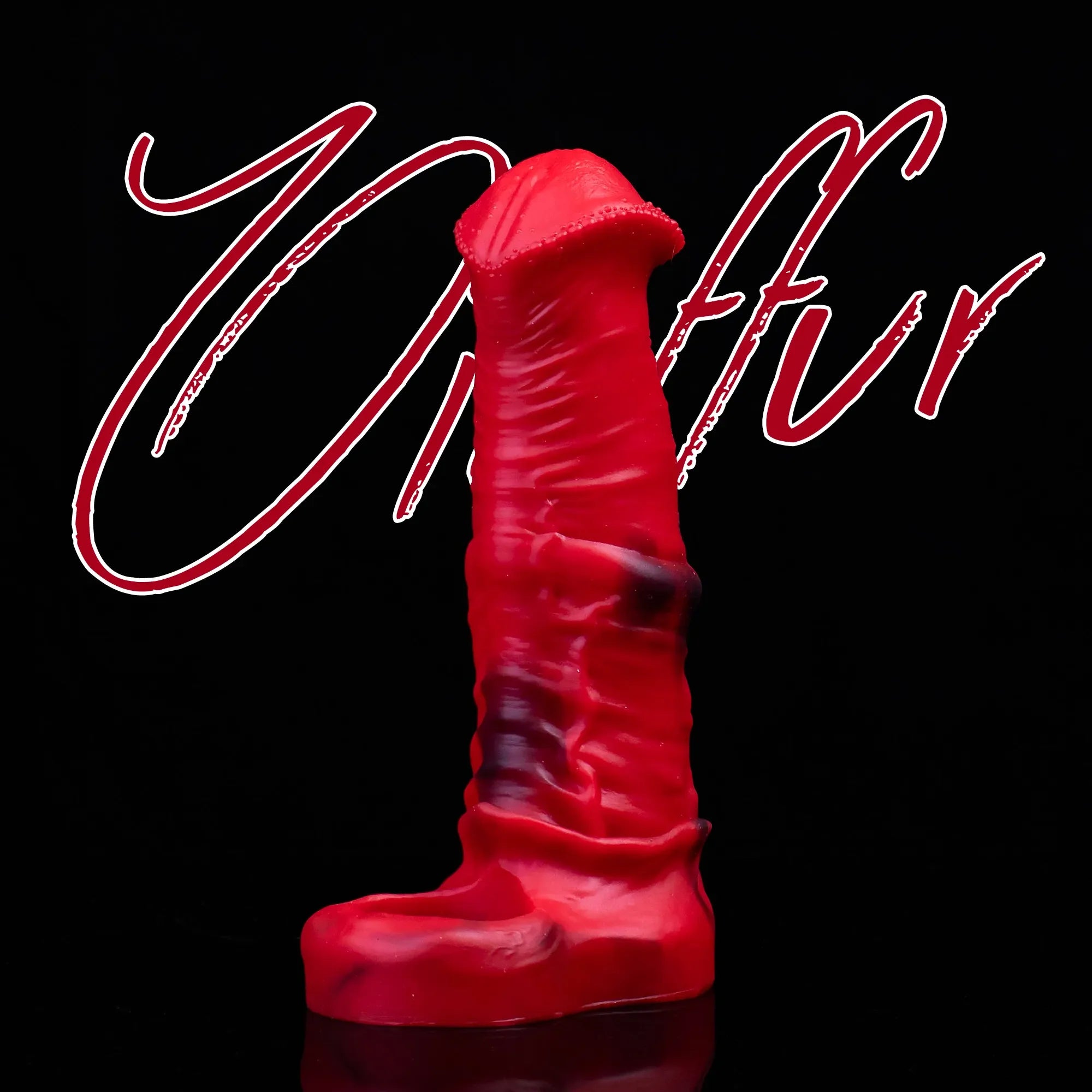 Oieffur Horse Sheath red and black penis sleeve extender with added girth and length, shown on a male model for enhanced performance.